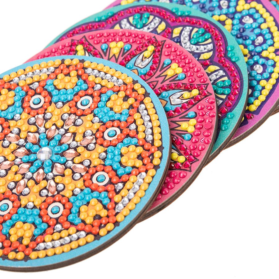Mandala Crystal Art Wooden Coasters Set of 8 close up