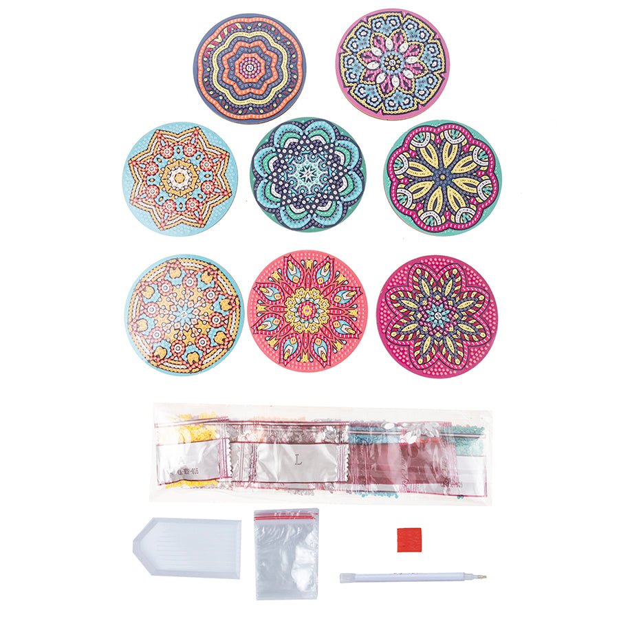 Mandala Crystal Art Wooden Coasters Set of 8 contents